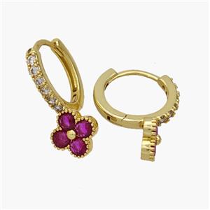 Copper Clover Hoop Earrings Pave Zirconia Gold Plated, approx 8mm, 14mm dia [FN48875]
