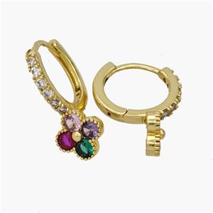 Copper Clover Hoop Earrings Pave Zirconia Gold Plated, approx 8mm, 14mm dia [FN48877]