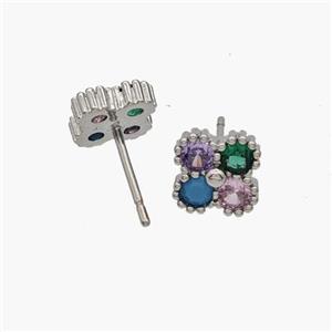 Copper Clover Stud Earrings Pave Zirconia Platinum Plated, approx 8mm [FN48904]