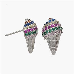 Copper Icecream Stud Earrings Micropave Zirconia Platinum Plated, approx 9-16mm [FN48906]