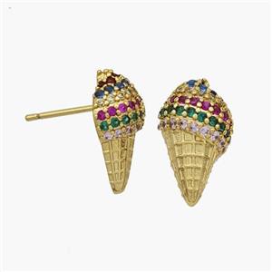 Copper Icecream Stud Earrings Micropave Zirconia Gold Plated, approx 9-16mm [FN48907]