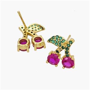 Copper Cherry Stud Earrings Pave Zirconia Gold Plated, approx 11-13mm [FN48909]