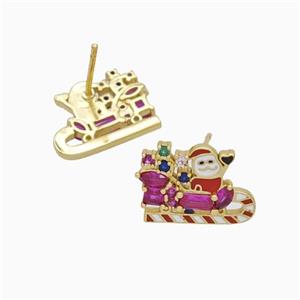 Christmas Santa Claus Charms Copper Stud Earrings Pave Zirconia Enamel Gold Plated, approx 11-15mm [FN48912]