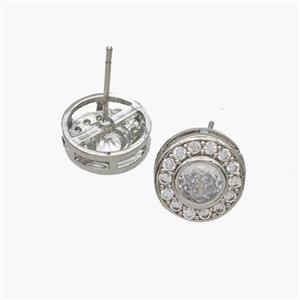 Copper Coin Stud Earrings Pave Zirconia Platinum Plated, approx 10mm [FN48915]