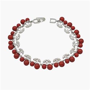 Copper Cherry Bracelet Pave Zirconia Red Resin Ball Platinum Plated, approx 11mm, 18cm length [FN48926]
