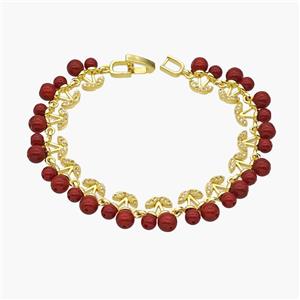 Copper Cherry Bracelet Pave Zirconia Red Resin Ball Gold Plated, approx 11mm, 18cm length [FN48927]