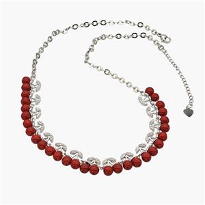 Copper Cherry Necklace Pave Zirconia Red Resin Ball Platinum Plated, approx 11mm, 40-45cm length [FN48928]