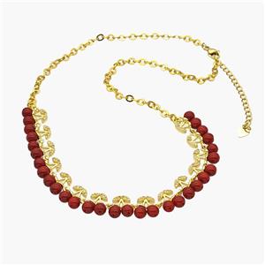Copper Cherry Necklace Pave Zirconia Red Resin Ball Gold Plated, approx 11mm, 40-45cm length [FN48929]