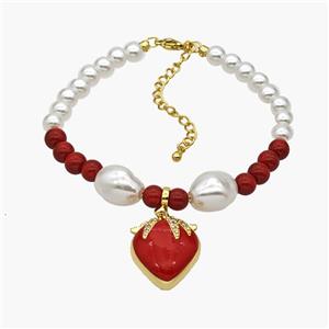 Pearlized Resin Bracelet With Copper Cherry Pendant Red Enamel Gold Plated, approx 18-25mm, 6-14mm, 16-21cm length [FN48951]