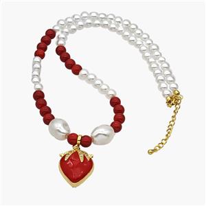 Pearlized Resin Necklace With Copper Cherry Pendant Red Enamel Gold Plated, approx 18-25mm, 6-14mm, 40-45cm length [FN48953]