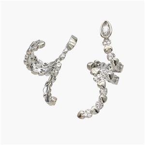 Copper Snake Clip Earrings Pave Zirconia Platinum Plated, approx 12-32mm, 12mm dia [FN49068]