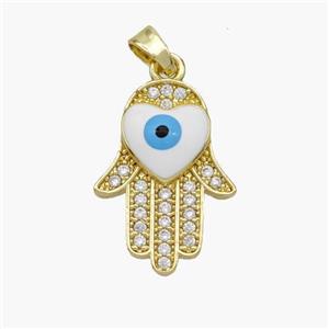 Copper Hamsahand Pendant Pave Zirconia Evil Eye White Enamel Gold Plated, approx 14-20mm [FN49100]