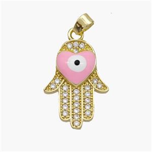 Copper Hamsahand Pendant Pave Zirconia Evil Eye Pink Enamel Gold Plated, approx 14-20mm [FN49101]