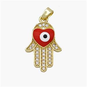 Copper Hamsahand Pendant Pave Zirconia Evil Eye Red Enamel Gold Plated, approx 14-20mm [FN49103]