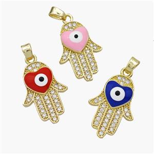 Copper Hamsahand Pendant Pave Zirconia Evil Eye Enamel Gold Plated Mixed, approx 14-20mm [FN49104]