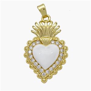 Copper Heart Pendant Pave Zirconia White Enamel Gold Plated, approx 17-24mm [FN49105]