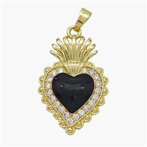 Copper Heart Pendant Pave Zirconia Black Enamel Gold Plated, approx 17-24mm [FN49106]
