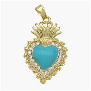 Copper Heart Pendant Pave Zirconia Teal Enamel Gold Plated, approx 17-24mm [FN49107]