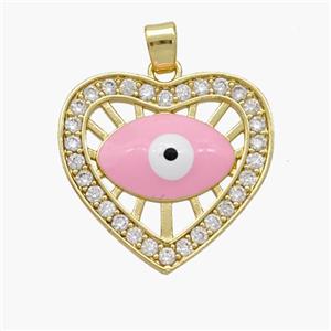 Copper Heart Pendant Pave Zirconia Evil Eye Pink Enamel Gold Plated, approx 20mm [FN49113]