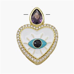 Copper Heart Pendant Pave Zirconia Evil Eye White Enamel Gold Plated, approx 18mm [FN49116]