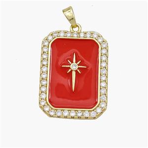 Copper Rectangle Pendant Pave Zirconia Red Enamel Northstar Gold Plated, approx 19-25mm [FN49123]