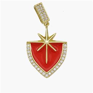 Copper Northstar Pendant Pave Zirconia Red Enamel Shield Gold Plated, approx 20-25mm, 5-7mm [FN49131]