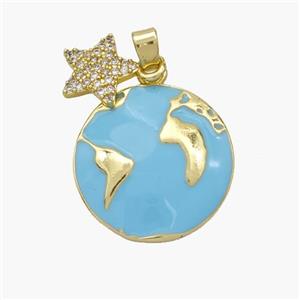 Copper Earth Pendant Teal Enamel Star Pave Zirconia Gold Plated, approx 10mm, 19mm [FN49134]