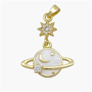 Copper Planet Pendant White Enamel Star Pave Zirconia Gold Plated, approx 7mm, 10-19mm [FN49136]