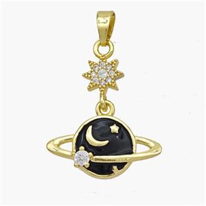 Copper Planet Pendant Black Enamel Star Pave Zirconia Gold Plated, approx 7mm, 10-19mm [FN49137]
