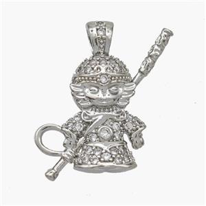 Monkey King Charms Copper Wukong Pendant Micropave Zirconia Platinum Plated, approx 20-22mm [FN49141]