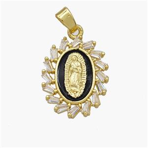 Virgin Mary Charms Copper Pendant Pave Zirconia Black Enamel Gold Plated, approx 14-18mm [FN49143]
