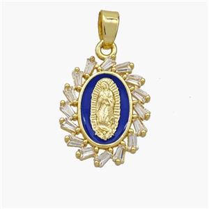 Virgin Mary Charms Copper Pendant Pave Zirconia Blue Enamel Gold Plated, approx 14-18mm [FN49144]