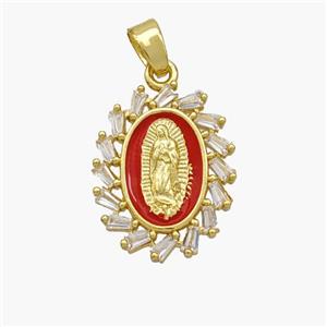 Virgin Mary Charms Copper Pendant Pave Zirconia Red Enamel Gold Plated, approx 14-18mm [FN49145]