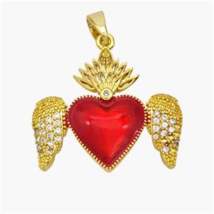 Copper Heart Pendant Red Painted Angel Wings Pave Zirconia Gold Plated, approx 18-22mm [FN49148]