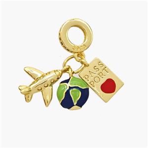 Copper Airplane Earth PASSPORT Pendant Enamel Gold Plated, approx 8-11mm, 8mm dia [FN49161]