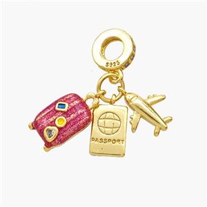 Copper Travelbox Airplane PASSPORT Pendant Pink Painted Gold Plated, approx 7-12mm, 8mm dia [FN49162]