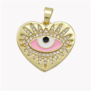 Copper Heart Pendant Pave Zirconia Pink Enamel Evil Eye Gold Plated, approx 20mm [FN49186]