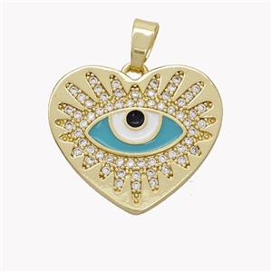 Copper Heart Pendant Pave Zirconia Teal Enamel Evil Eye Gold Plated, approx 20mm [FN49188]
