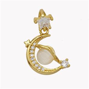 Copper Moon Pendant Pave Cateye Glass Zirconia Gold Plated, approx 13-15mm, 6mm [FN49197]