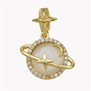Copper Planet Pendant Pave Cateye Glass Zirconia Gold Plated, approx 14-18mm, 8mm [FN49198]