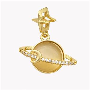 Copper Planet Pendant Pave Cateye Glass Zirconia Gold Plated, approx 11-20mm, 8mm [FN49199]