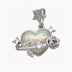 Copper Heart Pendant Pave Pearlized Acrylic Flower Platinum Plated, approx 13-20mm, 6mm [FN49200]