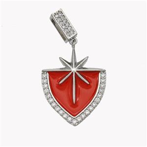 Copper Northstar Pendant Pave Zirconia Red Enamel Shield Platinum Plated, approx 20-26mm, 3-7mm [FN49212]