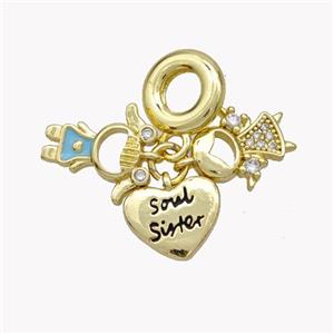 Copper Kids Heart Pendant Pave Zirconia Enamel Gold Plated, approx 11mm, 10mm dia [FN49234]