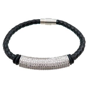 PU leather bracelets with magnetic clasp, copper tube beads pave zircon, approx 6mm, 70mm dia [FR10064]