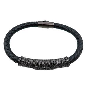 PU leather bracelets with magnetic clasp, black copper tube beads pave zircon, approx 6mm, 70mm dia [FR10067]