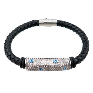 PU leather bracelets with magnetic clasp, copper tube beads pave zircon, evil eye, approx 6mm, 70mm dia [FR10068]