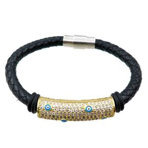 PU leather cord bracelets with magnetic clasp, copper tube beads pave zircon, evil eye, approx 6mm, 70mm dia [FR10069]