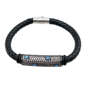 PU leather bracelet with magnetic clasp, copper tube beads pave zircon, evil eye, approx 6mm, 70mm dia [FR10071]