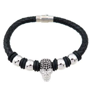 PU leather bracelet with magnetic clasp, skull beads, approx 6mm, 70mm dia [FR10078]